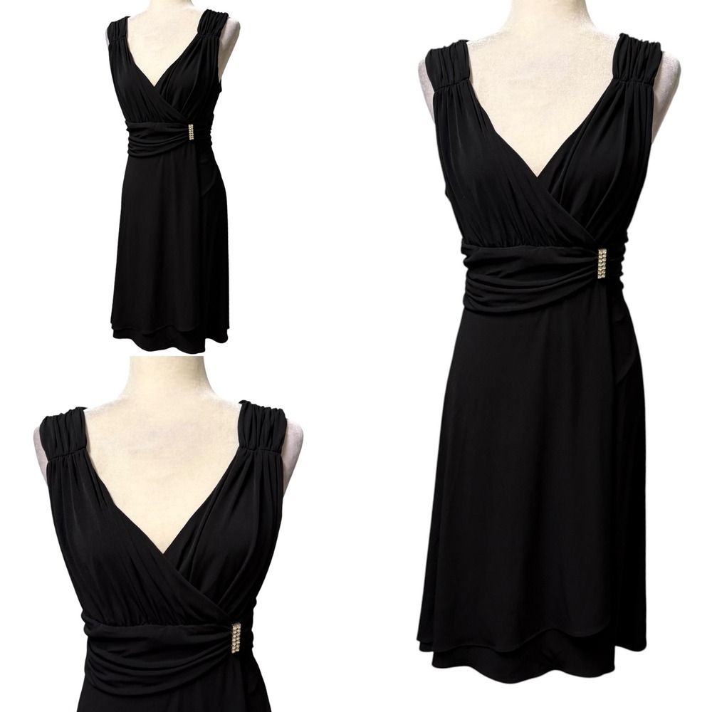 Vtg 90s Y2k Cocktail Dress Women XL Black Rhinestone Buckle Ruched Whimsigoth